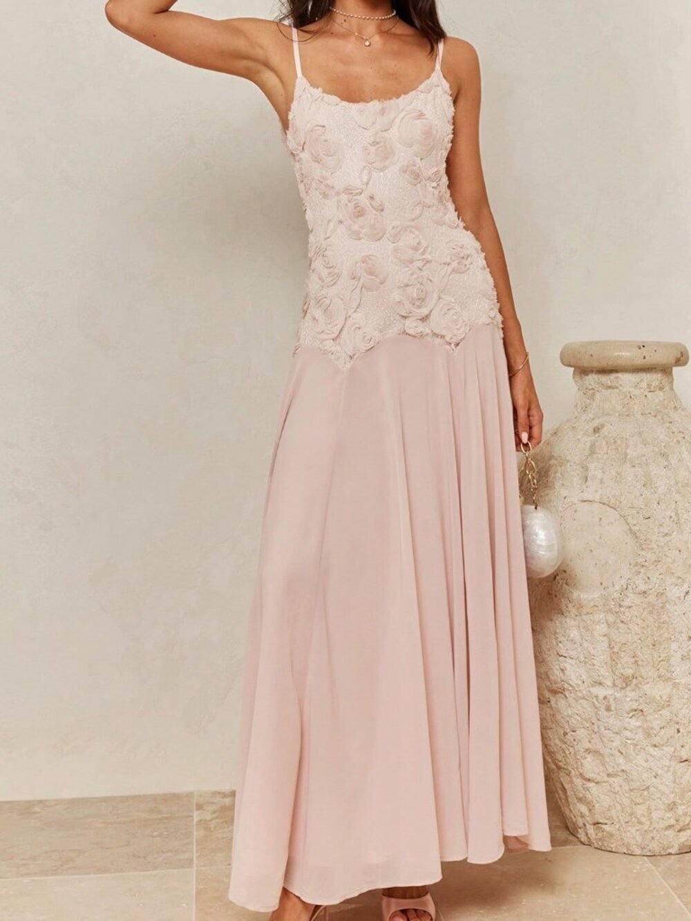 Pink Elegant Women's Floral Embroidered Camisole Mermaid Dress